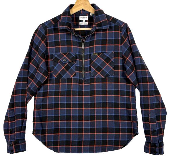 Wrangler Tops - Wrangler Blue Plaid 1/4 Zip Shirt Womens XS Organic Cotton Flannel Workwear